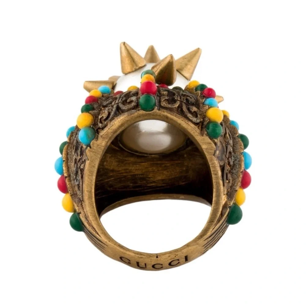 Gucci Gold Ring with Colorful Beads. Statement ring.  Cocktail ring. Luxury